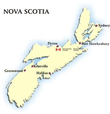 Image showing the map of Nova Scotia with hyperlinks to the AQHI readings for Greenwood, Halifax, Kentville, Pictou, Port Hawksbury and Sydney
