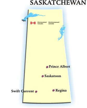 Image showing the map of Saskatchewan with hyperlink to the AQHI readings for Prince Albert, Regina, Saskatoon and Swift Current