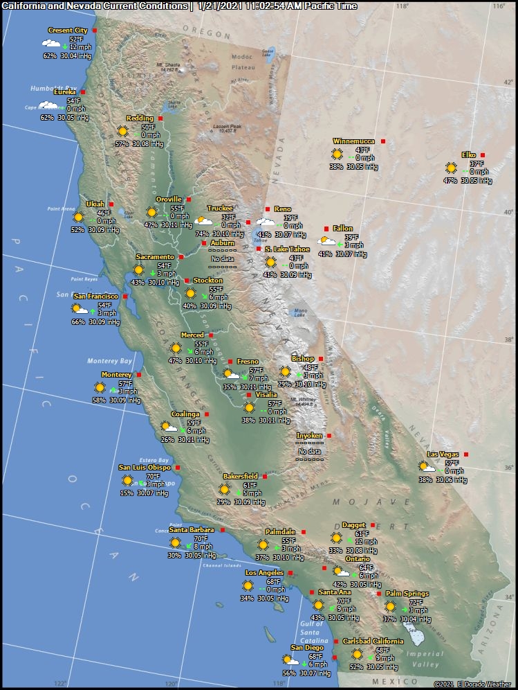 California and Nevada Live Current Weather Conditions Meso Map